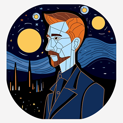 Vector illustration gogh illustration, in the style of patrick caulfield, muted colors, simple line drawings, bill traylor, pseudo, nostalgic, hinchel or sticker white bakcground