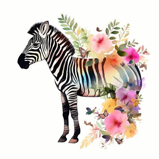 zebra, floral, detailed, cartoon style, 2d watercolor clipart vector, creative and imaginative, hd, white background