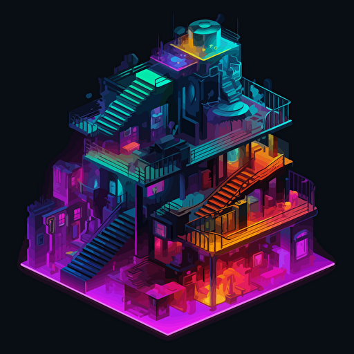 black multilevel building, cutaway view, many iridescent staircases, isometric, vector shapes, magical