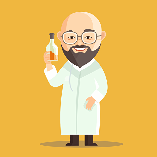 a chinese scientist holding a flask wearing lab gown bald no eye glasses with goatee and smiling, happy face, 2d art, vector