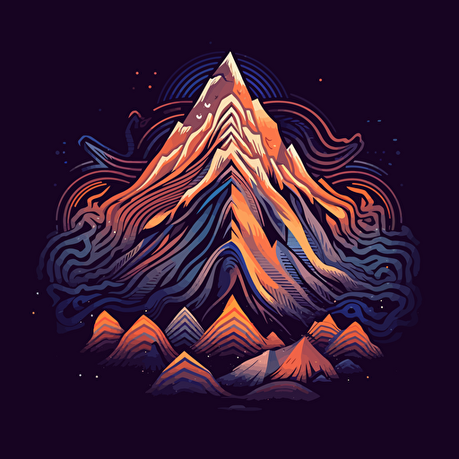 Logo, Chitra painting style, vector, waveforms (sine, saw, square), a mountain with snow, psychedelia, fantasy, detailed, intricate