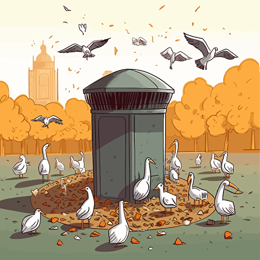 a park bin being raided by ibises and seagulls, cartoon, vector art, 32k