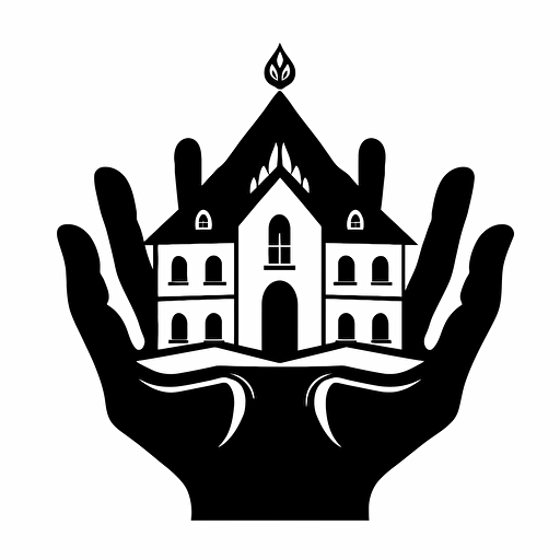 hands arranged in a way that resembles the shape of a house with a window and a crown on top, black on white, vector, icon, negative