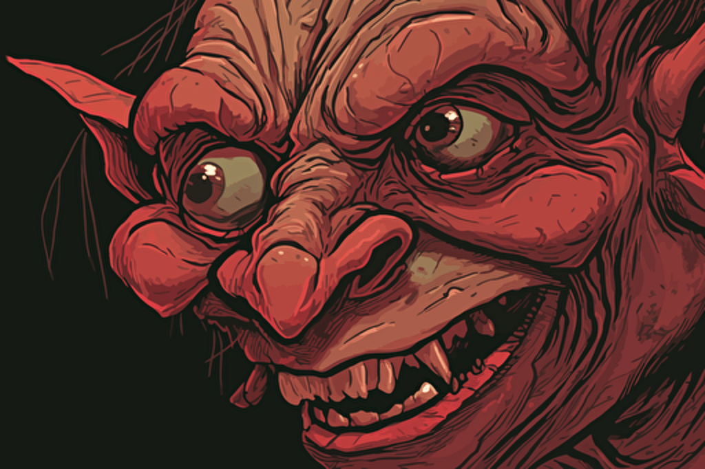 Close up shot of a deformed goblin with very asymetrical face by Paul Gustaf Dore. Grotesqu facial features, deformed, running on all four, hunched back, deformed teeth, red glowing eyes, ghoulish. biblical copperplate art, retro 90s box art, vector style, mainly red colours, inking, pixel art, high detail, less warm colors