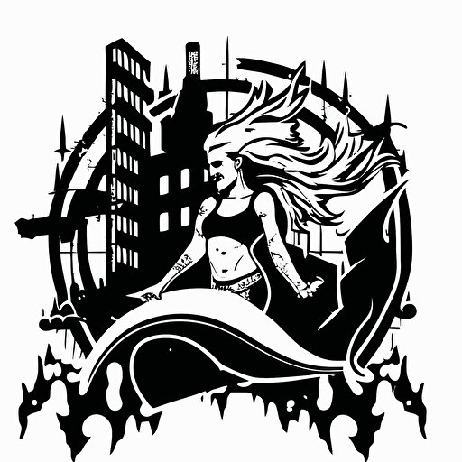 punk rock mermaid swimming through the bad part of a city, vector logo, vector art, emblem, simple cartoon, 2d, no text, white background
