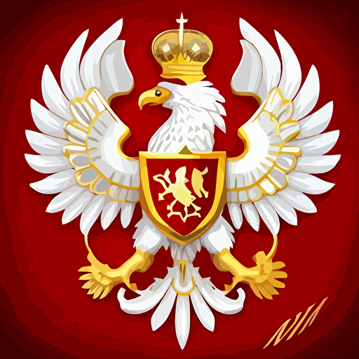 detailed, vector symbol of white eagle with golden crown on red background