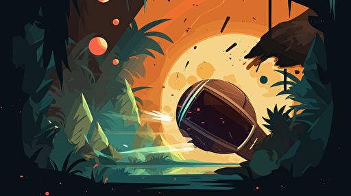 a space ship crashing into a jungle planet, vector illustration