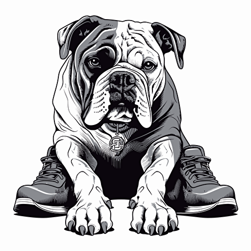 vector logo of American Bulldog sitting. He is seated next to a pair of running shoes. He looks happy. Black, white, and grayscale. Extra sharp detail.