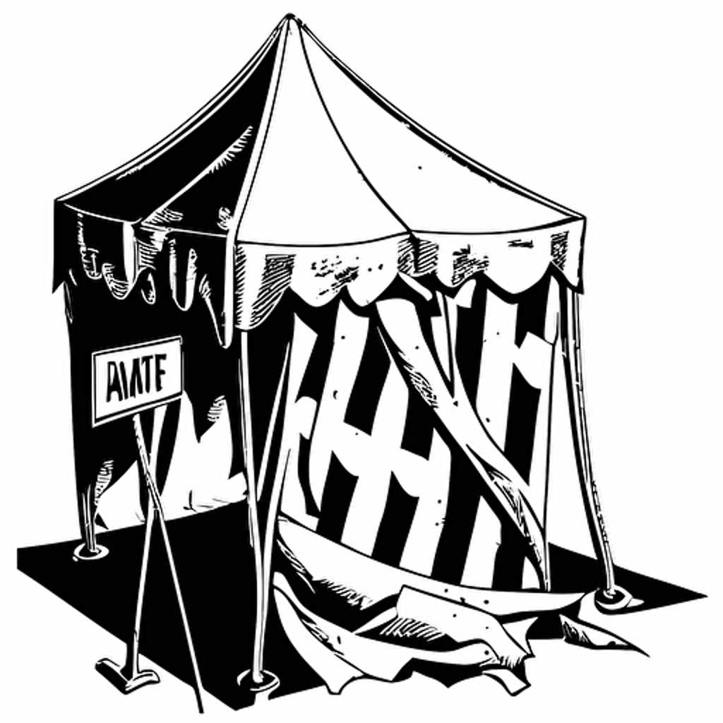 a pop-up market tent that has a broken leg. Black and white, vector image