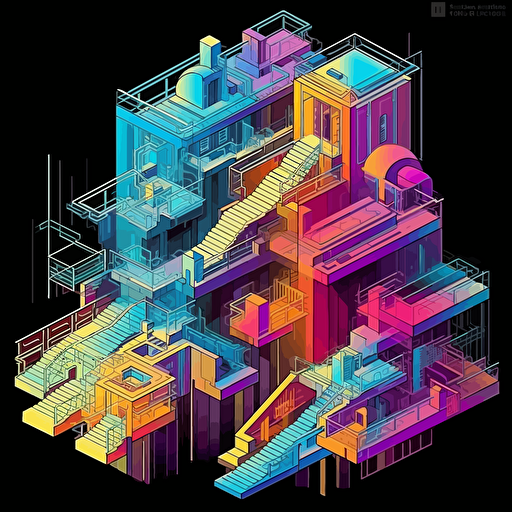 identical levels of a building, cutaway view, many iridescent staircases, isometric, vector shapes, magical