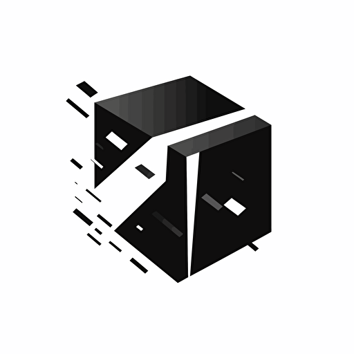 minimalistic vector logo. black and white. a cube. A corner of the cube is bitten off. bitemark. corner destroyed. flat. 2d.