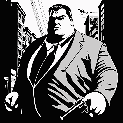 mafia gangster, fat, comic style, vector, black and white, icon, funny