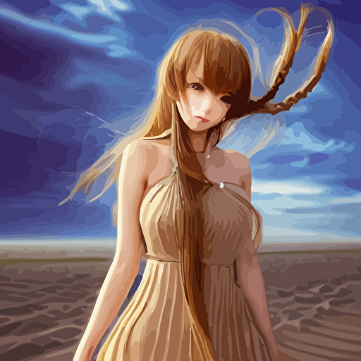3d advanced digital art cute gorgeous anime woman wearing dress sand body long brown hair braided hair brown eyes standing dessert round face cinematic lighting mid shot highly intricately detailed trending pixiv steven artgerm lau wlop rossdraws ruanjia james jean andrei riabovitchev totorrl marc simonetti visual key sakimichan