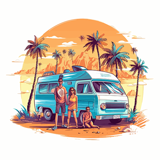 vivid color vector drawing of camping camper van, karavan, with a happy family, beachside, close to the sea, palms, on white background
