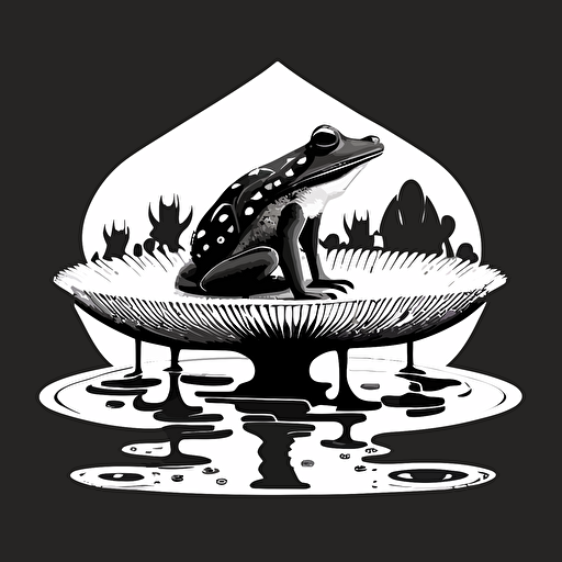 retro-futurist iconic logo of a frog sitting on a Lilly pad, black vector, on white background