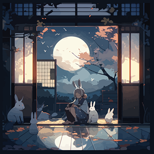 the night in japan, full moon, relaxing picture, vector style