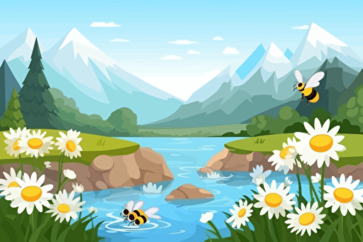 vector illustration of bees and daisies in front of a stream with mountains in the background