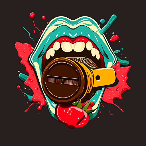 Create logo , elements to insert , camera , lips eating a tasty sweet , hold scool style , creative , modern , vector