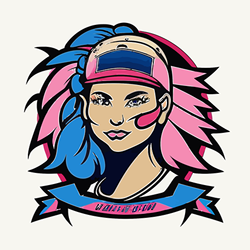 a mascot logo for a girls softball team, tan skin, using blue and pink, simple, vector