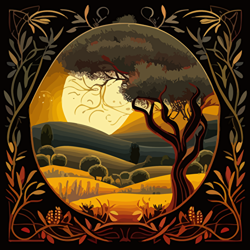 square artwork of a dreamy midnight full moon shinning over Tuscany olive tree fields. corners of the design decorated with traditional italian fleur-de-lis style ornate borders. All artwork designed with vivid, warm yellow, orange and deep red colors usign basic vector art without shading