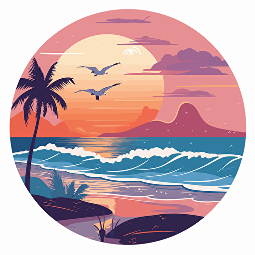 A beach scene with earth tones and shades of blue, purple, pink, and orange. The image should be simple, cartoon-illustrated, and vector-based. It should feature a stylized ocean wave with a seagull flying above it and a palm tree in the background. The colors should be vibrant but not overly bright. The image should work well as a sticker on a white background.
