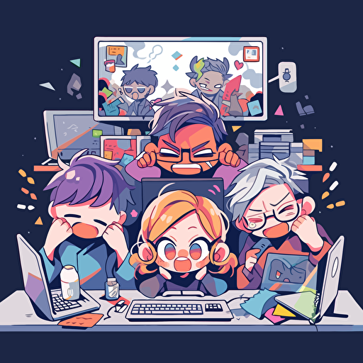 some employees that love their workspace, happy faces, vector illustration, colorful