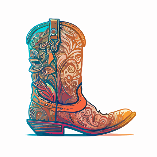 neon biright colored cute patterned cowgirl boots in doodle style drawing on a white background flat vector drawing