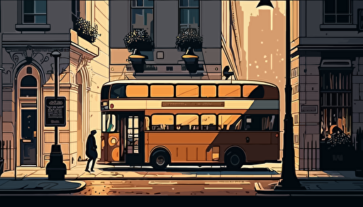 a sherphard fairey illustration of a bus stop in the middle of an urban street, the bus stop is facing the audience at a flat angle, vector,