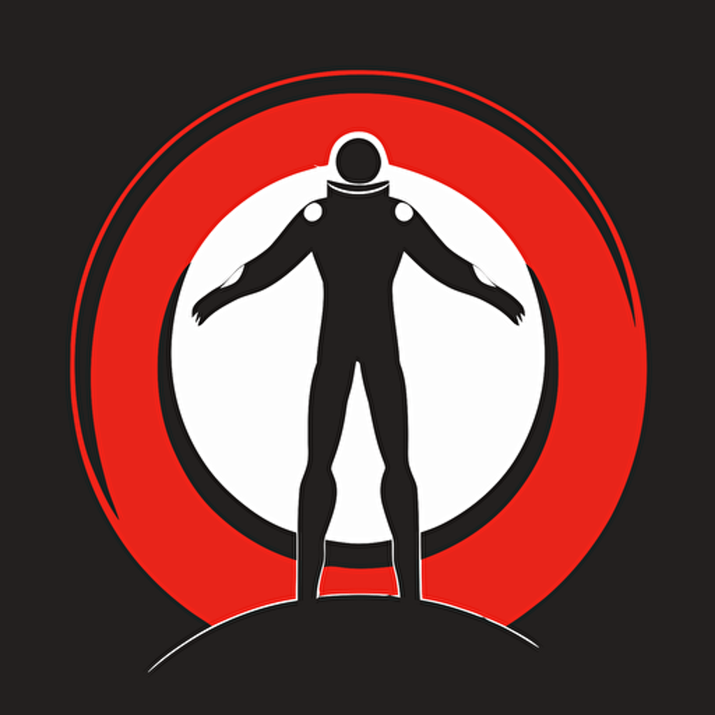 Astronaught standing straight up, arms wide, flat vector logo of circle, red black gradient, simple minimal