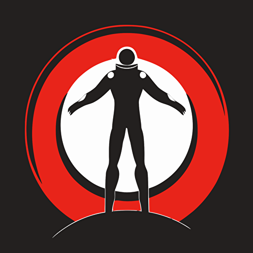 Astronaught standing straight up, arms wide, flat vector logo of circle, red black gradient, simple minimal