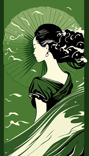 faceless beautiful asian lady embodying the wind, green background, vector art,