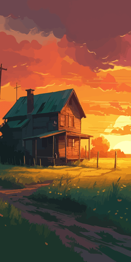 a painting of a rural landscape at sunset, a digital painting, inspired by RHADS, shutterstock contest winner, colorful vector illustration, low polygons illustration, kilian eng and thomas kinkade, retro illustration