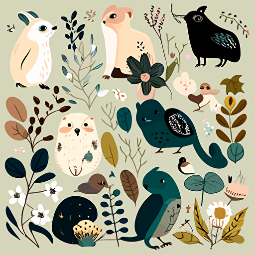 vector drawing of cute animals with botanicals as background