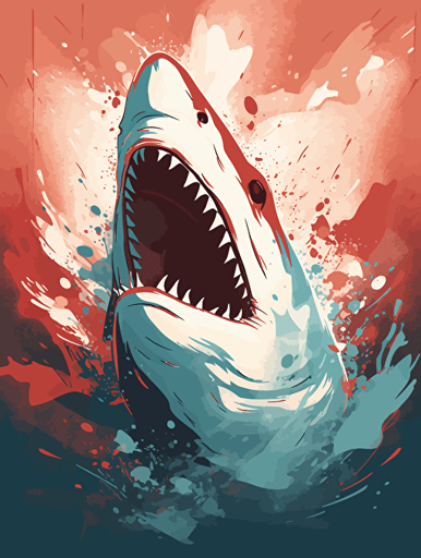 vector art of a shark roaring, red, white and turquoise lighting, 300 dpi,