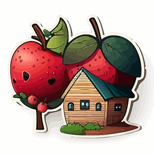 two cranberry fruits merging into a wooden house with flat roof, Sticker, Adorable, Cool Colors, Disney, Contour, Vector, White Background, Detailed