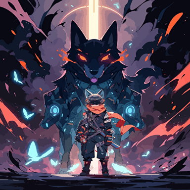 Create an image of a massive battle between two different states shiba inu cyber punk and fox dark shiba inu outfit battle, galaxy explose, anime background, vector, greekpunk, marvel style