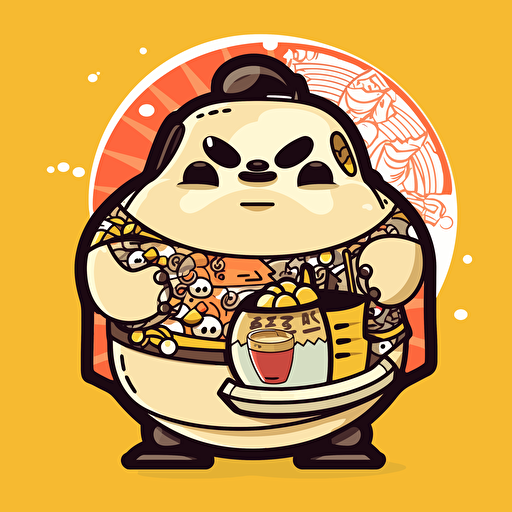 Tokyo, A kawaii-style cartoon sumo wrestler holding a bowl of ramen and a sake bottle, sticker art, vector art