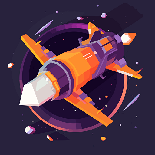spaceship flying in space, satellite, asteroids, 2D, vector, flat art, fedex purple and orange