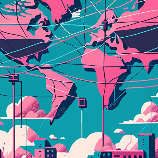 flat vector, world on wires, pink and blue