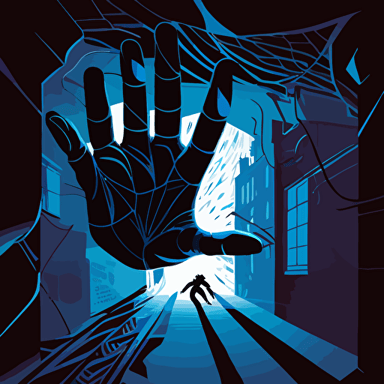 A vector illustration of a hand entering into the virtual world, only in blue and black tones, fluid composition, in the stlye of spider-man: into the spider verse