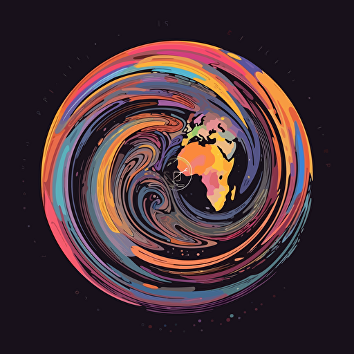 earth on black background, 2d vector, spirals, purple, yellow, white, orange and pastel colors