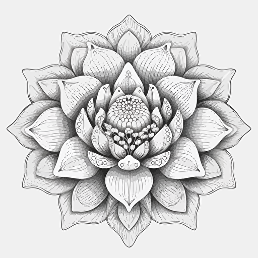 a black and white drawing of a flower, a detailed drawing, inspired by Tawaraya Sōtatsu, shutterstock, art deco, silver and muted colors, vector illustration, colorful mandala, car, 2 0 5 6 x 2 0 5 6, on a gray background, cartoon style illustration, pearl, cotton, pentagon, organic ornament, gong, without text