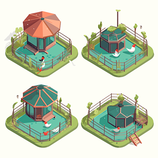 cartoon vector isometric image of a bird enclosure at different stages of construction