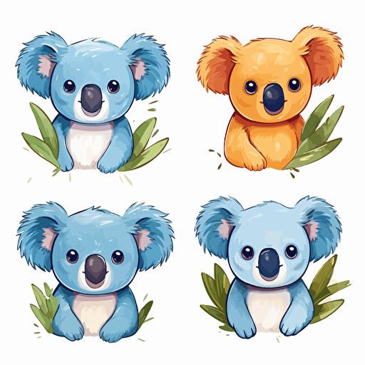 cute smiling koalas set of 4 colorful illustration, flat colors, vector, detailed, white background