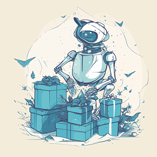 vector doodle minimalist, thinking computer robot, within background contains giftboxes and blue birds
