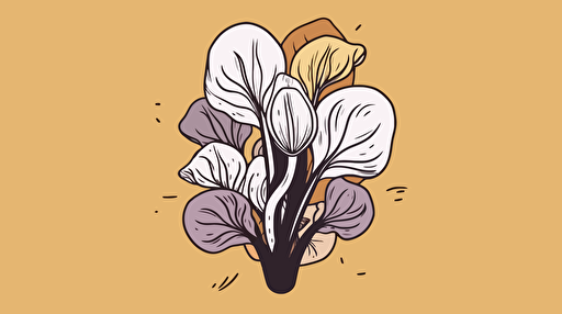 minimal vector logo of a mushroom and pothos, pencil sketch, lavender and golden yellow colors with white and black accent
