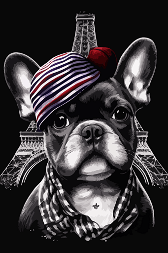 french bulldog with a beret infront of eiffel tower, vector art,