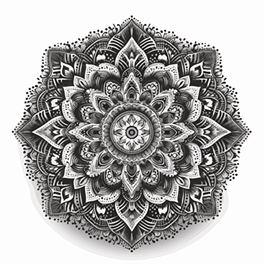 Create a intricate black and white mandala design in vector format that is suitable for coloring. The mandala should consist of multiple layers and intricate details, such as intricate patterns, intricate shapes, and intricate textures. The design should be balanced and symmetrical, with a central point that draws the eye. The use of negative space is also important, as it adds depth and dimension to the design. The end result should be a beautiful and detailed mandala that is both relaxing and challenging to color. 6144x6144