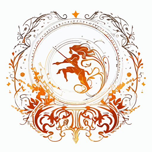 flat vector logo of sagittarius, flame, circle, simple, clean, brevity, white backgound, rococo art