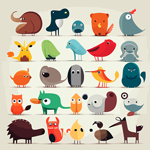 cartoon animals all different colors, vector style, margin between, white background